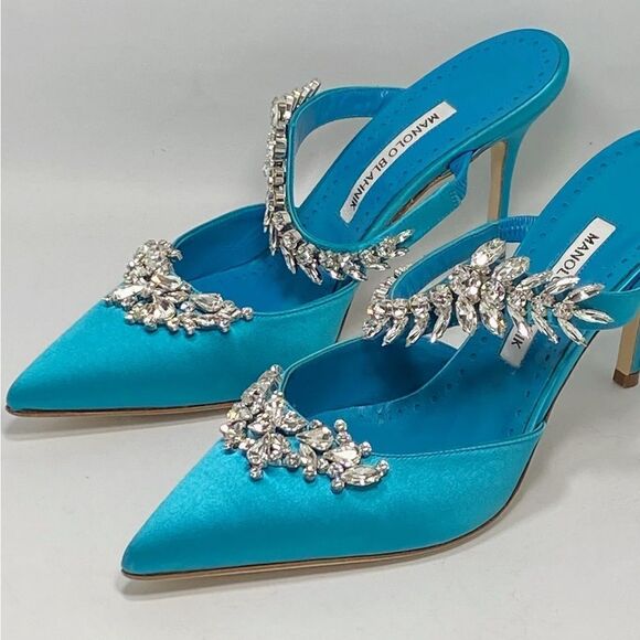 Manolo Blahnik Lurum 90 Embellished Satin Mules size 39.5 - Picture 6 of 12